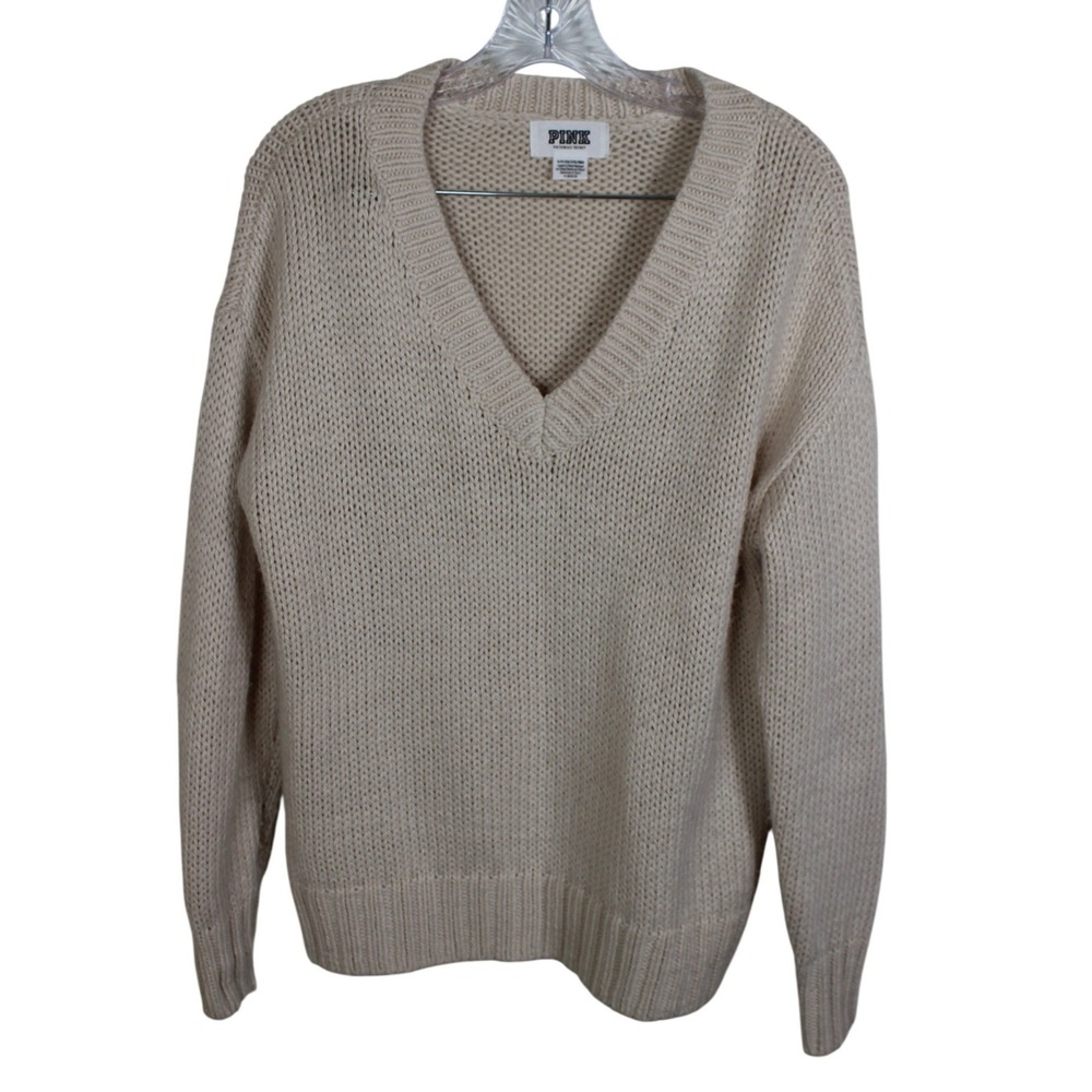 PINK Victoria's Secret Beige V-Neck Shaker Stitch Chunky Knit Sweater Small